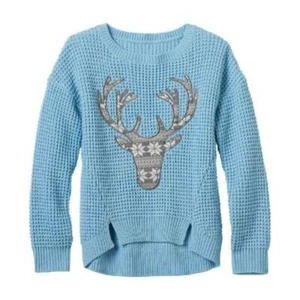 Girls Sweater Christmas Sugar Rush Reindeer Blue Waffle Knit Long Sleeve Crew-16 - Picture 1 of 4