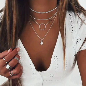 Four Chain Necklace Layered Necklace with Teardrop Moonstone Pendant Silver - Picture 1 of 7