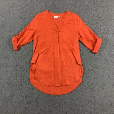 FOIL Blouse Womens UK 8 Orange Tunic 100% Linen Roll Tab Sleeve Button - Image 1 of 4