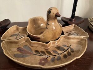 California Cleminson's Pottery "Distlefink" Bird and Dishes 4 Pieces- Incomplete