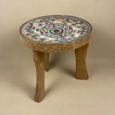 Antique African Handmade Round Stool Wood Vintage Patterned Beaded Top Table. - Image 1 of 4