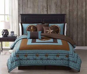 7pcs Turquoise Brown Printed Texas Star Western Cowboy Oversized Comforter Set - Picture 1 of 6