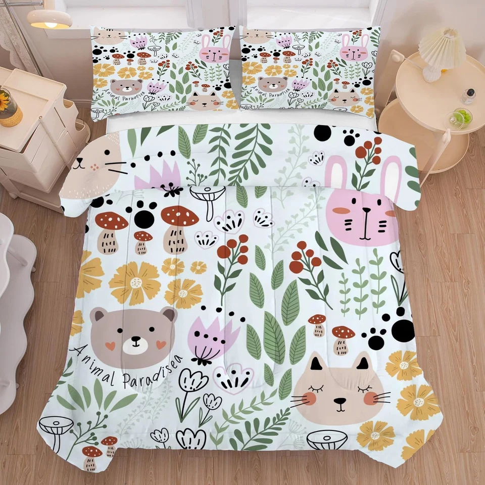 Floral Cat Bedding Full Size Cartoon Cats Comforter Set for Girls Boys Kids Teen - Image 1 of 4