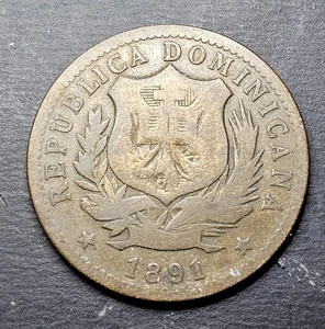 1891 A 10 Centesimos De Franco Dominican Republic Bronze Scarce Low Mint Coin  - Picture 1 of 8