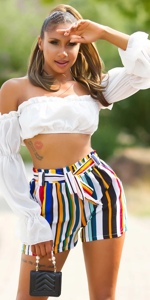 Pantaloncini sexy in tessuto a vita alta a righe con cintura decorativa - Immagine 1 di 1