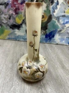 Antique Frosted Cased Glass Opaline Hand Enameled Vase Floral - Picture 1 of 10