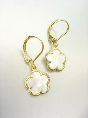 NEW 18kt Gold Plated Mother Pearl Shell Flower Lever Back Petite Dangle Earrings - Image 1 of 3