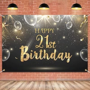 Happy 21st Birthday Banner Black Gold Glitter Backdrop Decor for Women Men - Picture 1 of 7