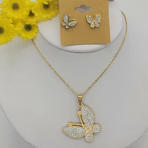 Damen Edelstahl Set Schmetterling Halskette und Ohrringe 14K Gold Farbe. Acero - Bild 1 von 5