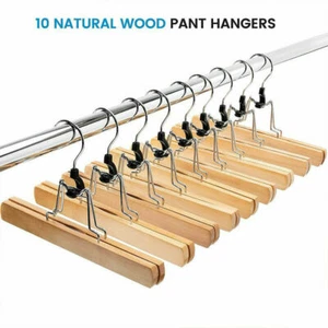 10Pcs Wooden Pant Hanger with Clips Non Slip Slack Skirt Work Trousers Jean - Picture 1 of 6