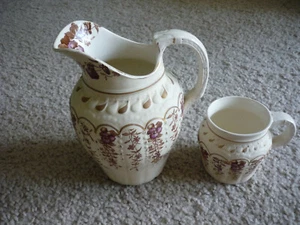 BWM & CO. TRANSFERWARE PITCHER & CUP/ CREAM & BROWN, PURPLE ACCENTS/ BELMONT PAT - Picture 1 of 5