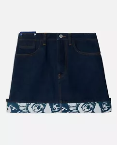 BURBERRY heavyweight navy blue Japanese denim mini skirt with rose print hem NWT - Picture 1 of 13