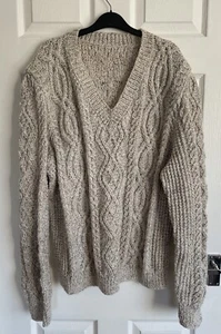 Hand Knit Cable Knit Pullover Sweater Oatmeal Chunky 100% Wool, X Large - 48” - Picture 1 of 5