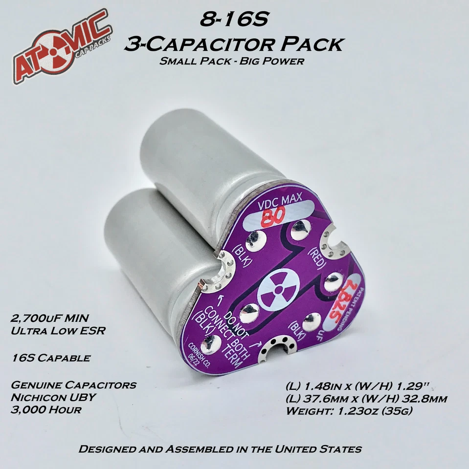ATOMIC Compact ESC Cap Pack 8-16S / 2,700uF MIN / 80V / 16S Capable / USA - Image 1 of 4