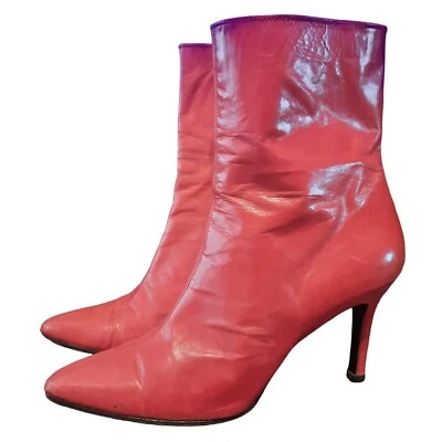 Stuart Weitzman Ankle Boots Red Leather Pointy Toe Back Zip 8B Womens - Image 1 of 4