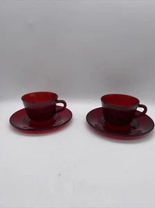 1950s Anchor Hocking Royal Ruby Red Glass Tea Coffee Cup & Saucer Set of 2 - Picture 1 of 4