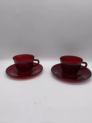 1950s Anchor Hocking Royal Ruby Red Glass Tea Coffee Cup & Saucer Set of 2 - Image 1 of 4