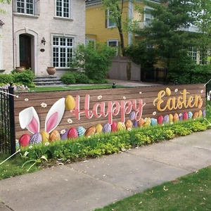 Happy Easter Decoration Colorful Eggs Flowers Rabbit Fence Banner Yard Sign Gift - Picture 1 of 12