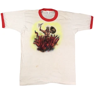 Vintage Viking Warrior T Shirt 80s Small Large Ringer Art Drawing Metal D&D 70s - Picture 1 of 16