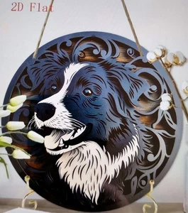 PERRO PASTOR RETRO -BORDER COLLIE 2D (plano) DECORACIÓN MADERA REDONDA 20cm Nuevo montaje colgante - Imagen 1 de 2