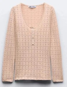 ZARA Pointelle Knit Top in A Pink/Beige Colour.  Long Sleeved. Size L. Brand NEW - Picture 1 of 2