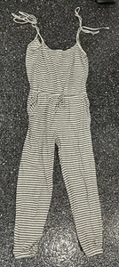 Ann Taylor LOFT Pyjama Strampler Damen XS schwarz creme gestreift Schleife Riemen Kordelzug - Bild 1 von 4