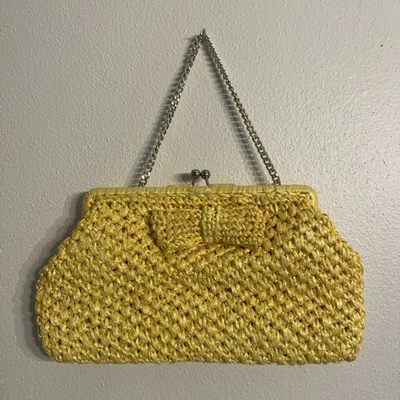 Vintage Dwayne Taylor Yellow Raffia Handbag with Ribbon  Accent Boho 50s - 60s - Image 1 of 4