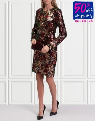 RRP €229 STEFANEL Sequined Tulle Dress Size XL Red Stretch Floral Round Neck - image 1 of 4