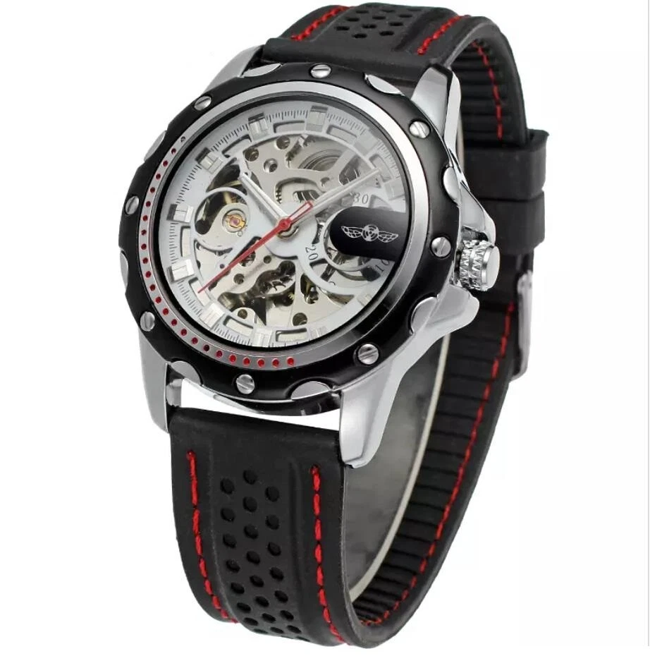 Reloj de vestir Winner automático esqueleto para hombre correa de silicona negra con caja de regalo Foto 1 de 4