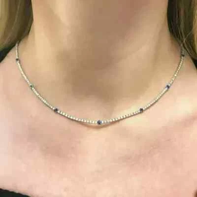 3MM Round Lab Created Sapphire Women's Choker Necklace 14K White Gold Plated 18" - Image 1 of 4