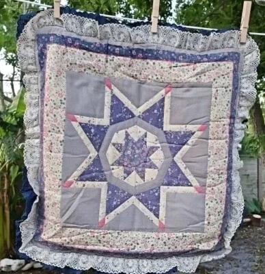 Vtg Patchwork Handmade Star Flower Quilted Ruffle Pillow Case 17"  - Image 1 of 4