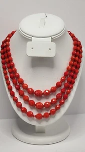 Vintage MCM Mid Century Modern 3 Strand Red Faceted Glass Bead Choker Necklace - Picture 1 of 11