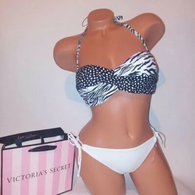 Bikini de Natación Victoria Secret 32B Parte Superior Pequeña Parte Inferior Negro Blanco Bandeau Animal Nuevo Foto 1 de 4