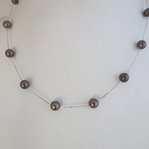 Delicada cadena de perlas de plata 925, 45 cm con cuentas reales 7,5 mm en pavo real de Tahití - Imagen 1 de 8