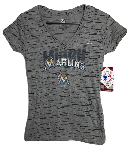 MLB Majestic Womens Miami Florida Marlins V-neck T-Shirt Top XS Gray Black NWT Cover
