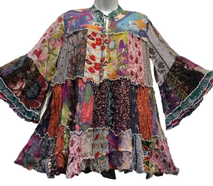 Nw FUNKY STUFF patch boho tiered babydoll sheer chiffon viscose TOP XL Free ship - Picture 1 of 5