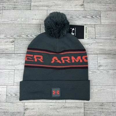 Under Armour Pom Beanie Hat Adult Gray Orange Logo Winter Cold Gear - Image 1 of 3