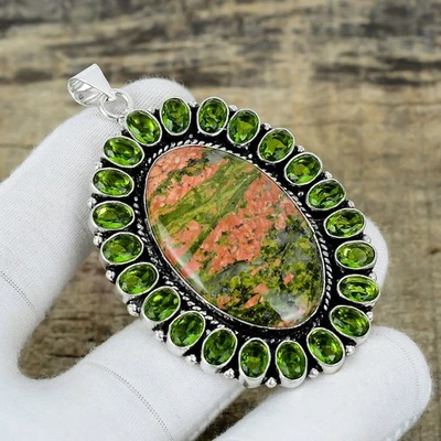 Pendente In Argento Sterling 925 Fatto A Mano In Unakite Naturale E Peridoto - Immagine 1 di 4