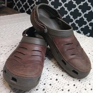 CROCS Yukon Vista Mens 13 Brown Leather Slip On Clog Sandals Adjustable Back - Picture 1 of 11