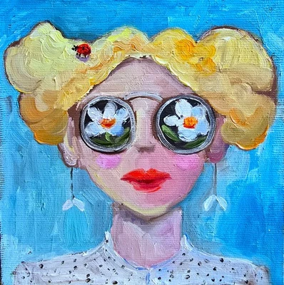 Frauenporträt mit Blumenbrille Ölmalerei 16x16 cm Ölgemälde auf Leinwandgewebe - Bild 1 von 4