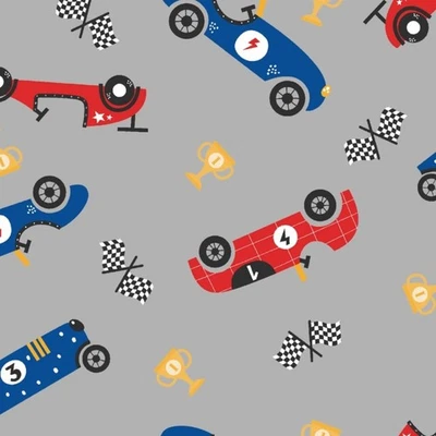 Multicolored Toy Race Cars on Gray Cotton Flannel Fabric by the Yard - Image 1 of 3