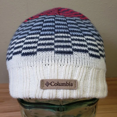 Columbia Youth Checkerboard Calavera Gorro Rojo Azul Crema Forrado de Vellón Invierno Foto 1 de 4