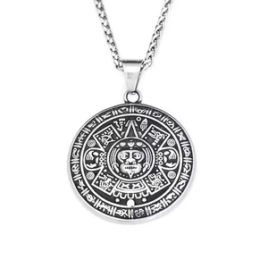 Mayan Calendar Necklace Silver 316L Stainless Steel Unisex Incan Aztec Pendant - Picture 1 of 6