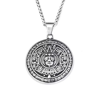Collar Calendario Maya Plata 316L Acero Inoxidable Unisex Inca Azteca Colgante Foto 1 de 4