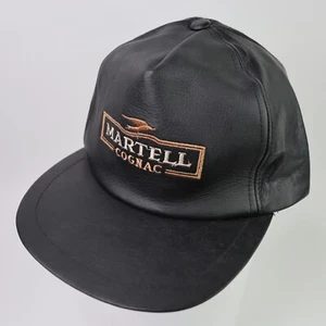 Martell Cognac Genuine Black Leather Trucker Cap Hat Snapback Vintage OSFA - Foto 1 di 11