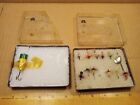 Vintage Lot of 2 Small Fishing Lure Marbled Plastic Boxes w Flies, Spoon & Plug