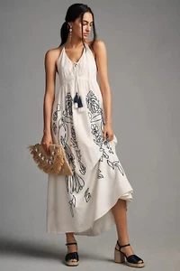 Nuevo Vestido Halter Bordado Farm Rio Lino Anthropologie Maxi Sin Espalda Talla M - Imagen 1 de 11