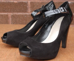M&S Autograph Black Suede Patent Leather High Heel Buckle Court Shoes UK 5 EU38 - Picture 1 of 11