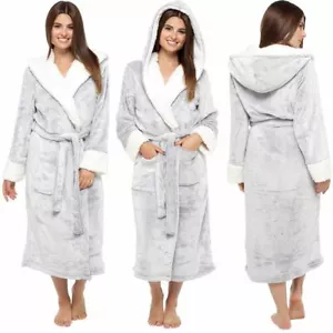 Womens Ladies Dressing Gown Hooded Fleece Lined Fluffy Snuggle Soft Warm Robe - Picture 1 of 56