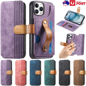 For iPhone 16e 16 15 14 13 12 Pro Max XS 8 7 Wallet Case Leather Wristband Cover - Picture 1 of 93